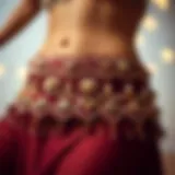 A close-up view of a richly embellished belly dance hip belt showcasing intricate beadwork and sequins.