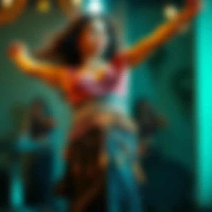 A belly dancer performing gracefully, highlighting the movement of the hip belt in action.