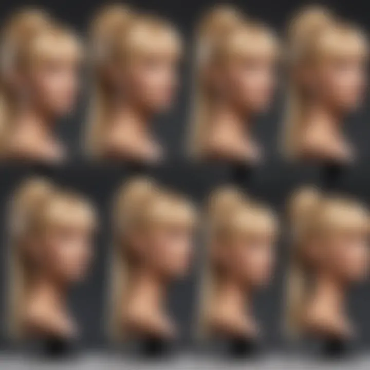 Diverse styling options for blonde ponytail wigs with bangs displayed on a mannequin