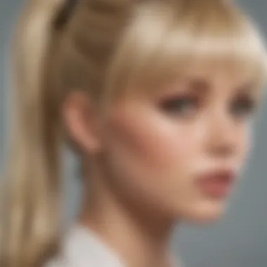 Close-up of a blonde ponytail wig with bangs showcasing texture and details