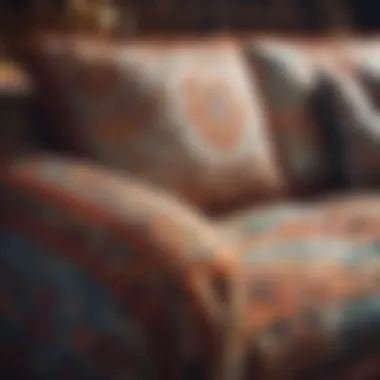 A close-up of bohemian patterns and textures on a sofa, highlighting handcrafted details.