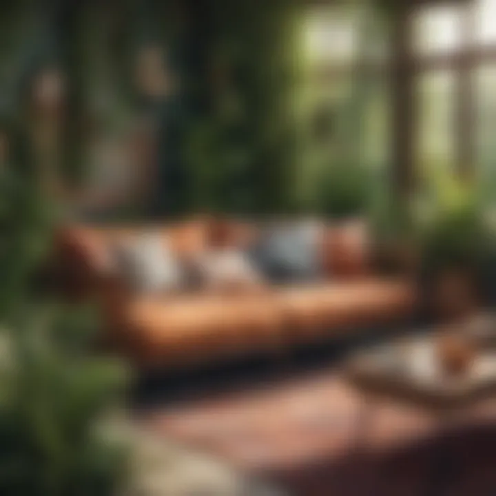 An artistic representation of a boho style sofa in an outdoor setting, blending with nature.