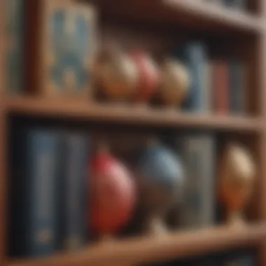 Close-up of unique ornaments enhancing a bookshelf's aesthetic