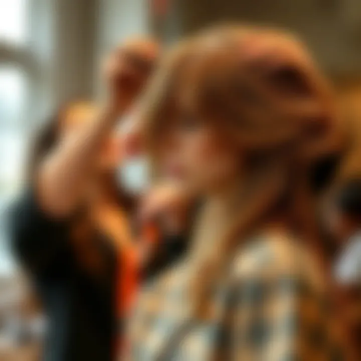 A stylist working on a model's hair with precision and care