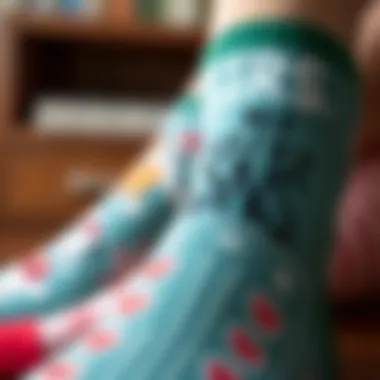 Close-up of a sock featuring a humorous graphic, illustrating creativity in design.