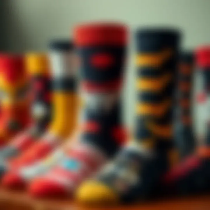 A vibrant collection of custom funny socks showcasing various designs and patterns.