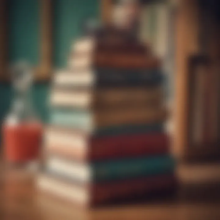 Artistic arrangement of colorful fake books integrated into a vintage setting