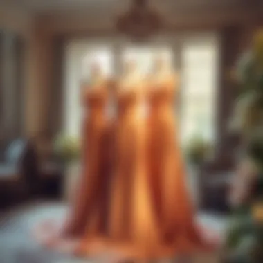 Elegant caramel bridesmaid dresses displayed at a wedding setting