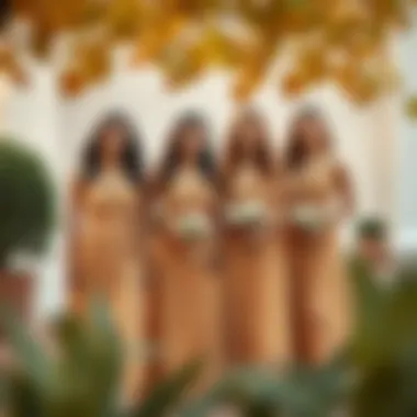 A group of bridesmaids showcasing caramel dresses in a seasonal wedding theme