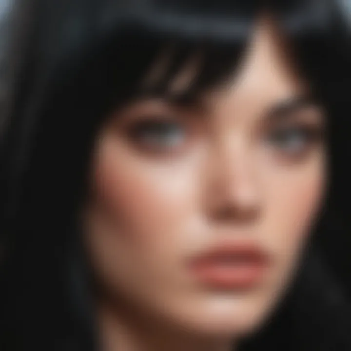 Close-up of the textures and shine of a long straight black wig, highlighting its quality.