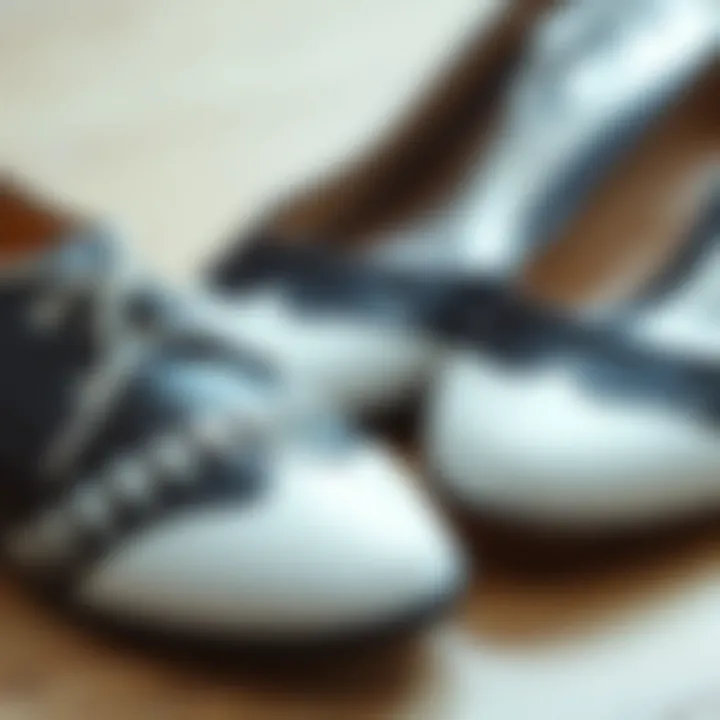 Close-up of materials used in black and white flat shoes