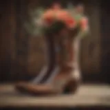 Elegant floral western boots displayed on a rustic wooden surface