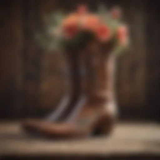 Elegant floral western boots displayed on a rustic wooden surface