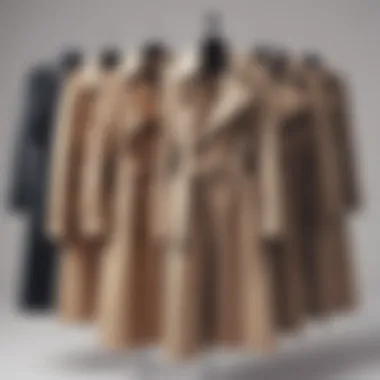 An arranged layout of different styles of trench coats illustrating variety