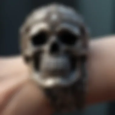 Close-up of a skull bracelet emphasizing ethical materials used