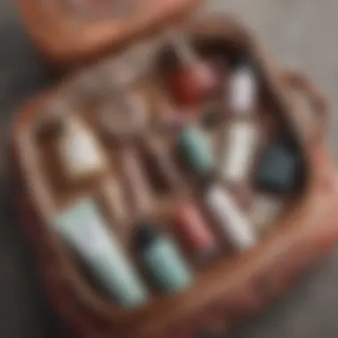 An elegant flat lay of various cosmetic items neatly arranged inside a boho toiletry bag, highlighting its practicality.