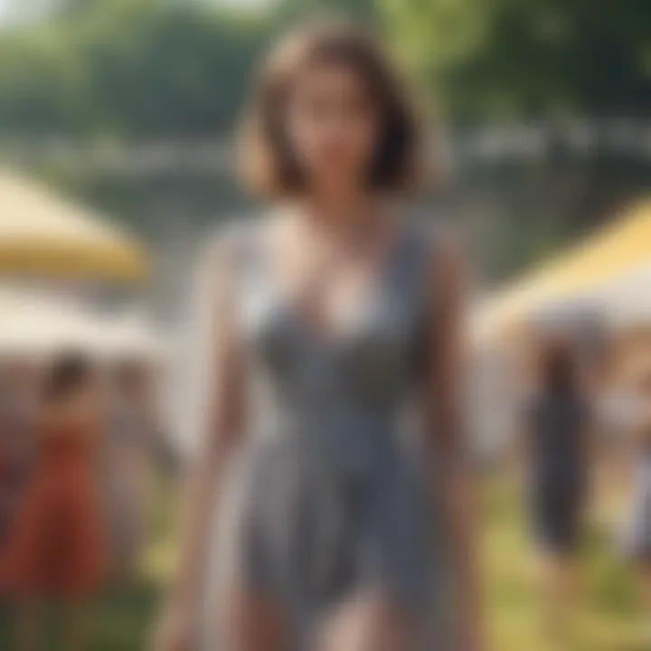 Sustainable fashion choices, featuring eco-friendly mesh dresses in a festival setting.