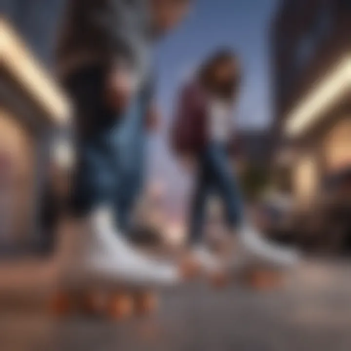 Group of skateboarders wearing light-up shoes in an urban setting