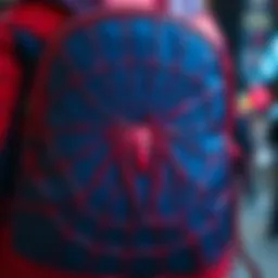 Close-up view of the Spiderman backpack showcasing its intricate web design and vibrant colors.