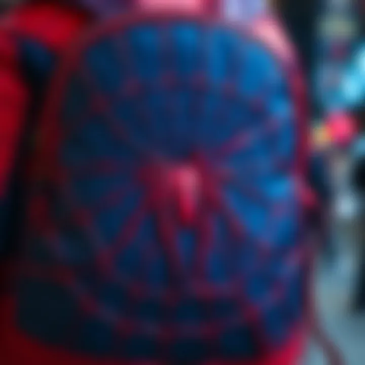 Close-up view of the Spiderman backpack showcasing its intricate web design and vibrant colors.