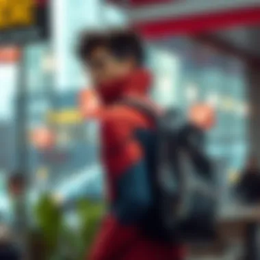 A stylish individual wearing the Spiderman backpack at a trendy location.