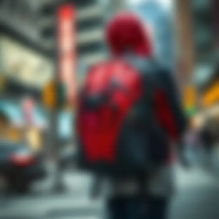 Spiderman backpack displayed in an urban setting emphasizing its fashionable appeal.