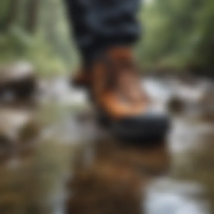 A person navigating through water with hiking shoes demonstrating functionality