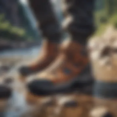 Stylish water hiking shoes on a rocky riverbed under sunlight