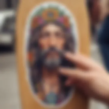 A close-up of a hand applying a hippie sticker on a skateboard adorned with artistic designs