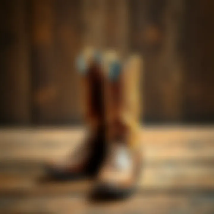 A pair of stylish western riding boots displayed on a rustic wooden background