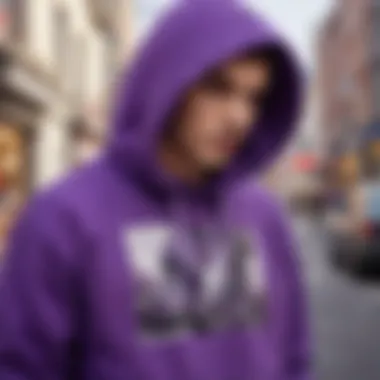 An artistic representation of a purple graphic hoodie in a vibrant street setting