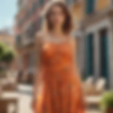 Vibrant Summer Spaghetti Strap Dress A vibrant summer spaghetti strap dress displayed on a sunlit terrace