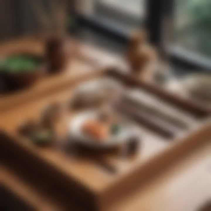 Contemporary setting featuring a Japanese wooden tray with modern aesthetics