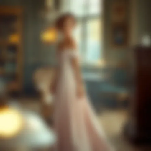 Elegant off shoulder floor length dress in a vintage setting
