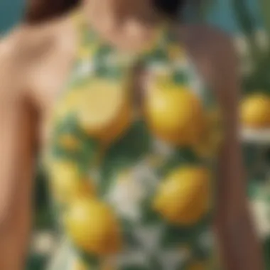 Close-up of the lemon print detailing on the swimsuit fabric