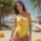 A vibrant lemon one-piece swimsuit displayed against a sunny beach backdrop