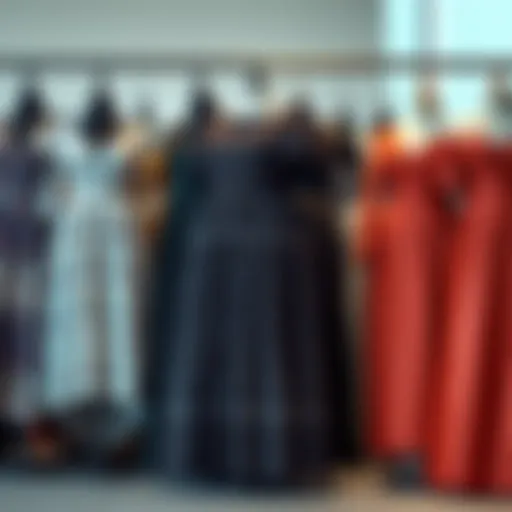 Diverse array of plus size dresses displayed on mannequins.