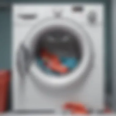 A washing machine with garments containing zippers, emphasizing laundry care.