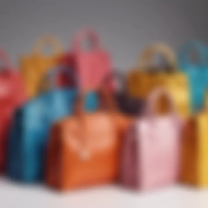 An array of color block bags in various colors and styles arranged artistically