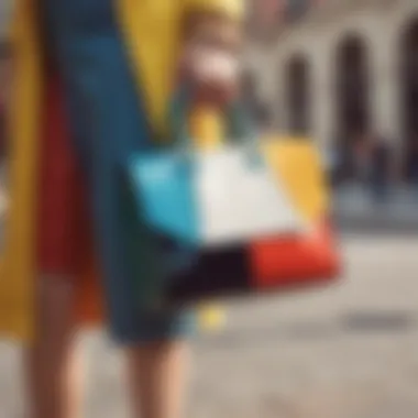 A fashion-forward individual paired with a vibrant color block bag at an outdoor event