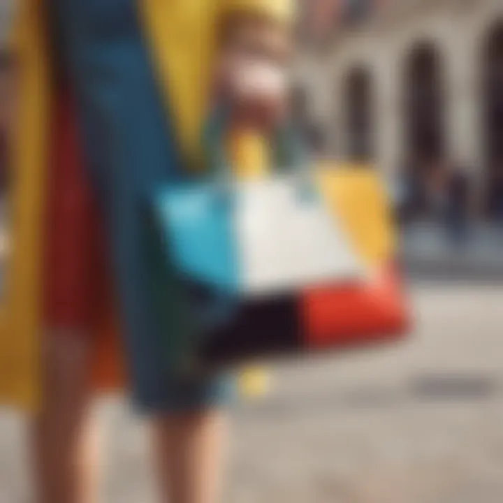 A fashion-forward individual paired with a vibrant color block bag at an outdoor event